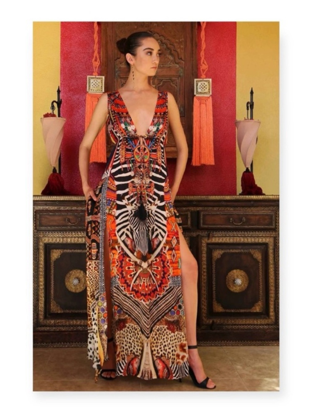 new Shahida Parides 𒀭 RHOBH Silk Crystal Tribal Print Maxi Dress 𒀭 Orange 00-12 - Picture 3 of 16